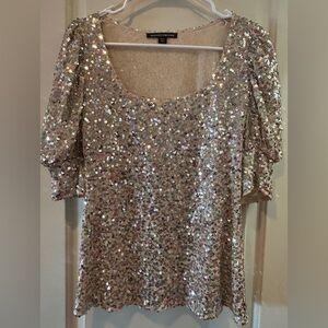 Boston Proper Gold Sequin Blouse Short Sleeve Top
